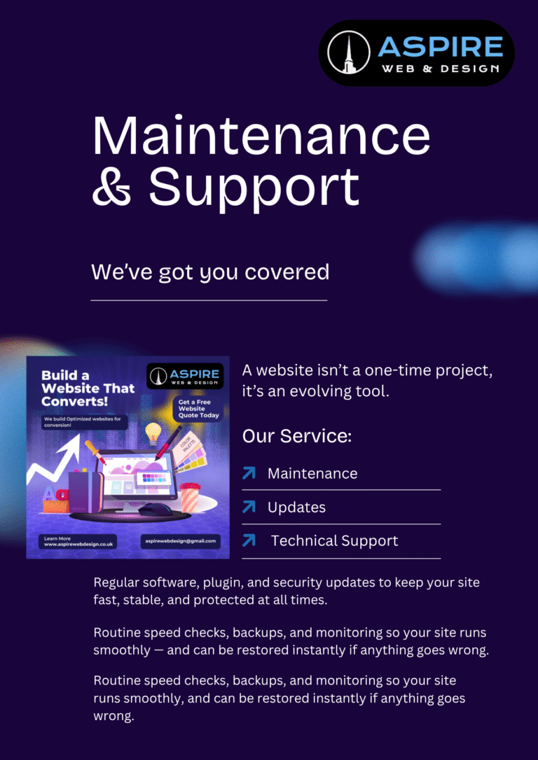 Aspire Web & Design Maintenance and Support flyer highlighting website updates, technical support, and ongoing website care services