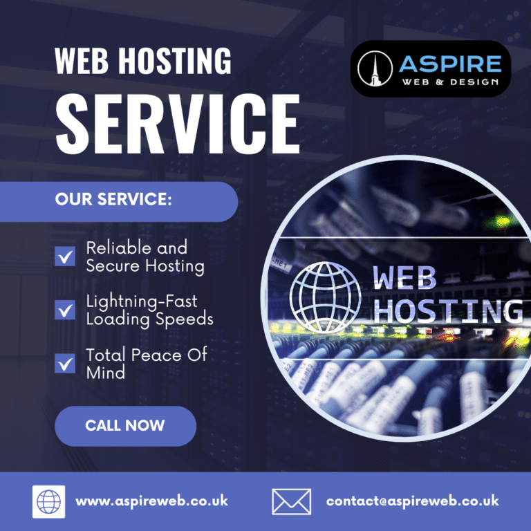 Aspire Web & Design web hosting service graphic promoting secure, reliable hosting, fast loading speeds, and website performance optimisation