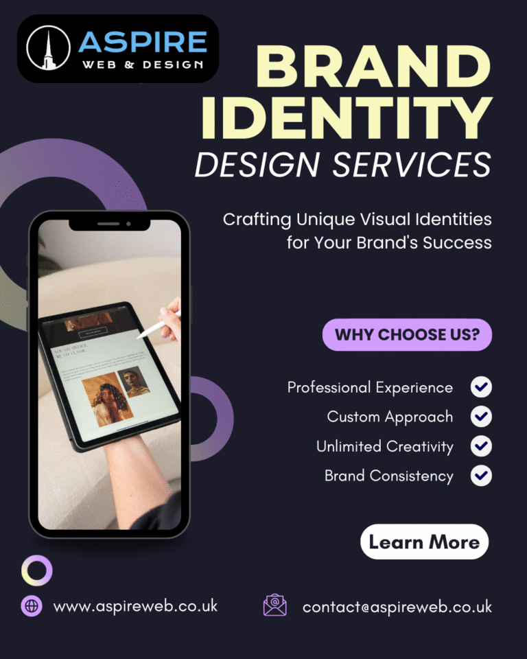 "Aspire Web & Design brand identity design services graphic featuring a mobile device showing design concepts, with service benefits such as creativity, consistency, and custom brand development