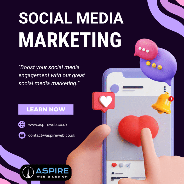 Aspire Web & Design social media marketing promotional graphic featuring smartphone engagement icons, likes, notifications and message bubbles, falkirk and uk wide.