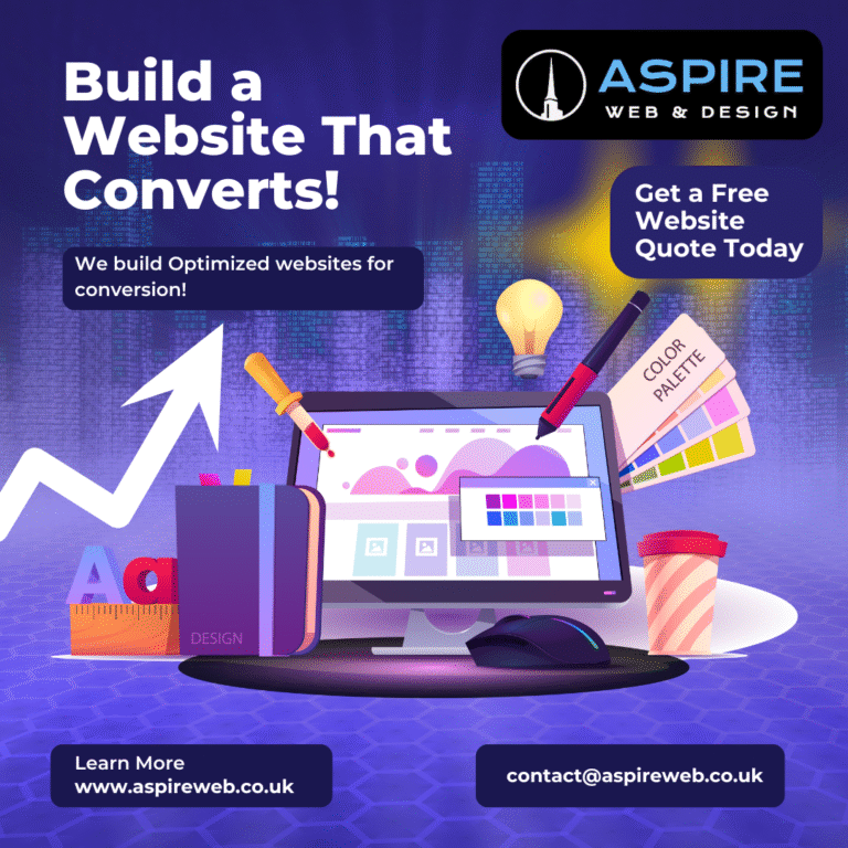 Aspire Web & Design promotional graphic showcasing conversion-focused website design with colour palettes, design tools, and a desktop screen mockup
