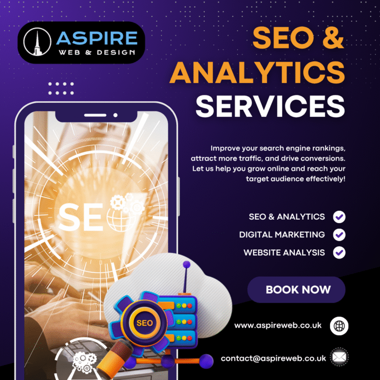 Aspire Web & Design SEO and Analytics services graphic showcasing digital marketing, website analysis, and search engine optimisation support.